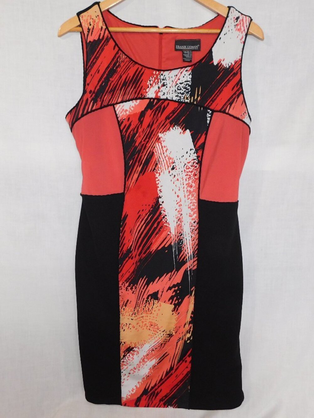 Frank Lyman Coral Orange Red Black White Abstract Art Fitted Dress Womens 12